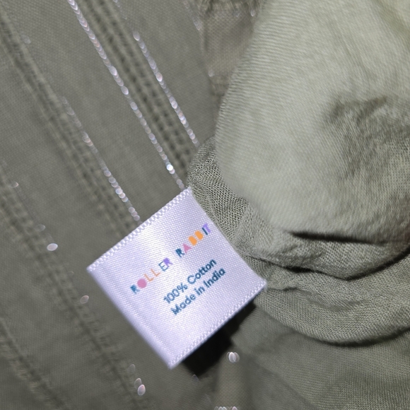 Roller Rabbit V-neck Puff Sleeve Muted Green Boxy Top Shirt Medium Sliver Thread - Picture 7 of 7